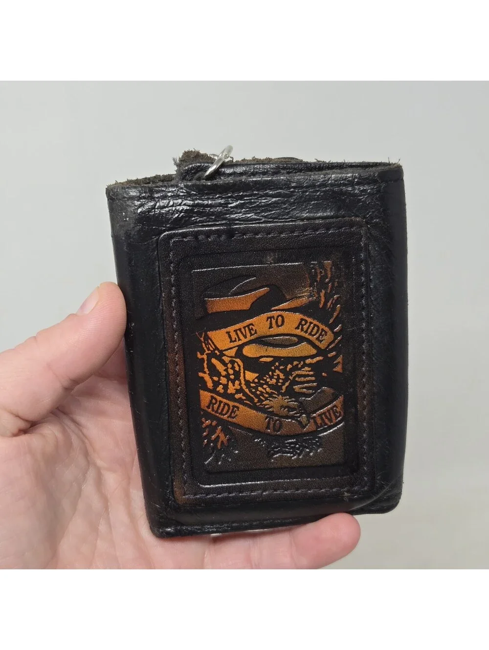 VTG Biker Trifold Wallet with Chain Black & Brown Tooled Leather Live To Ride
